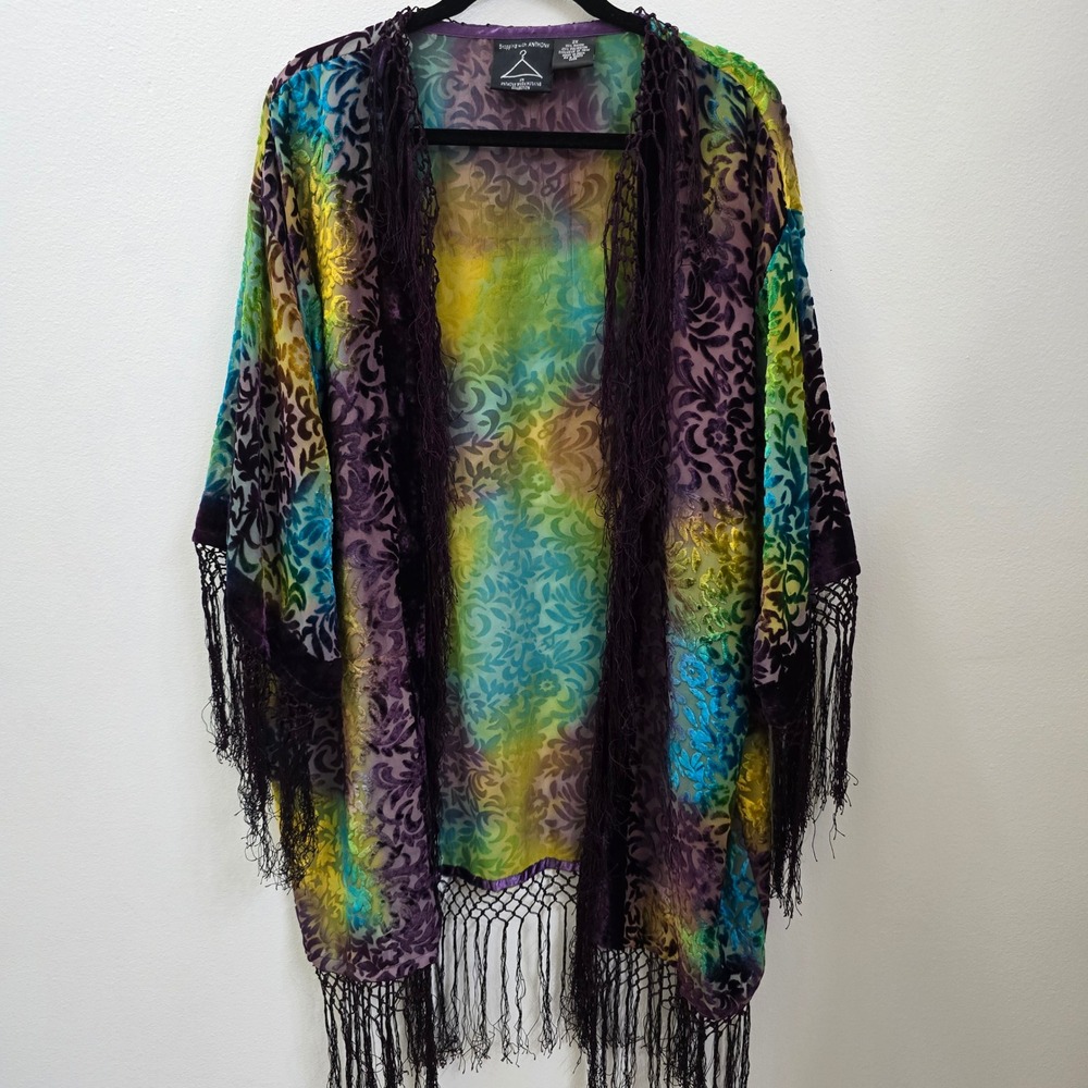 Anthony Mark Hankins Burnout Velvet Kimono Fringe Rainbow Tie Dye Wrap 2X